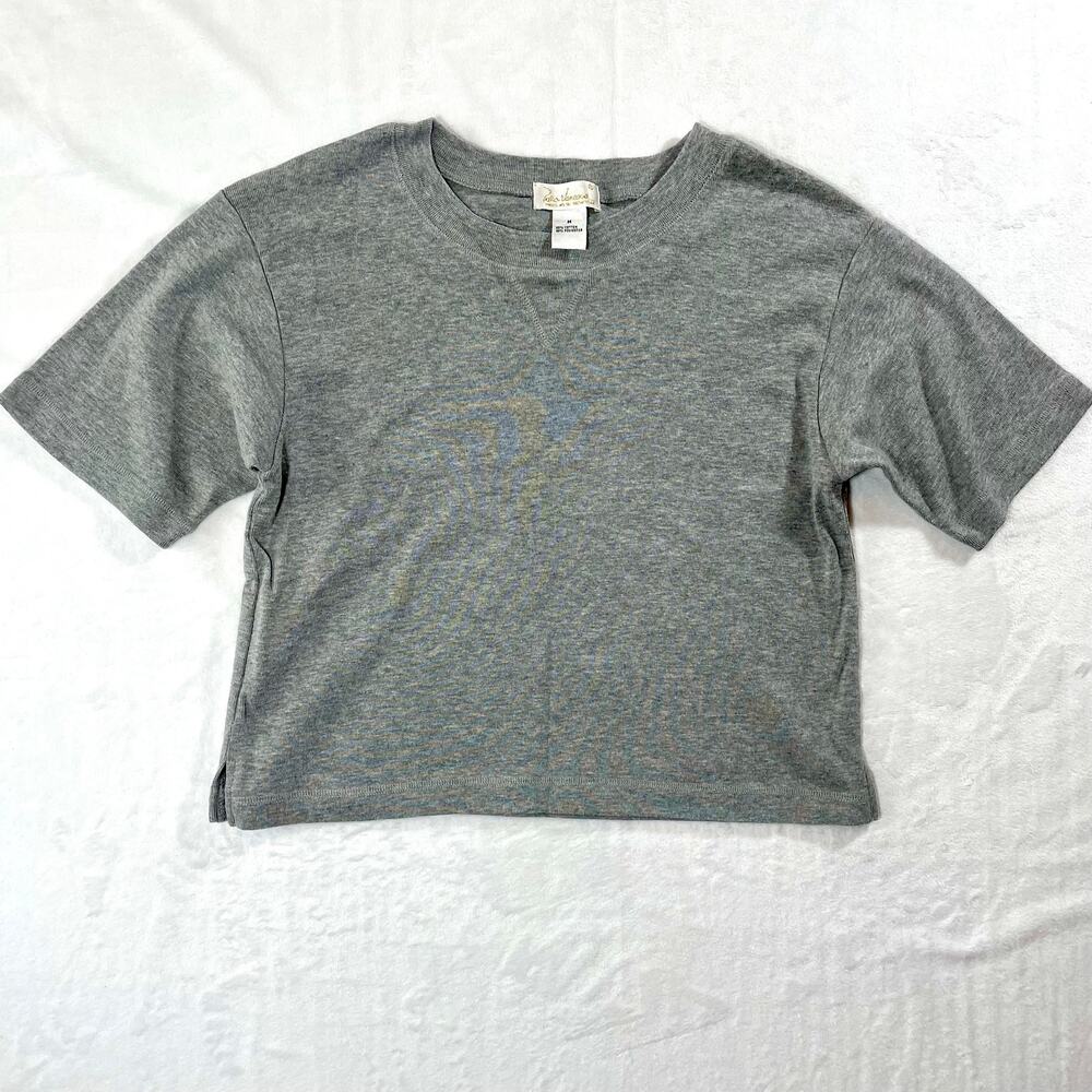 Vintage 80s Heather Gray Short Sleeve Sweater Top V-Stitch Collar Size Medium